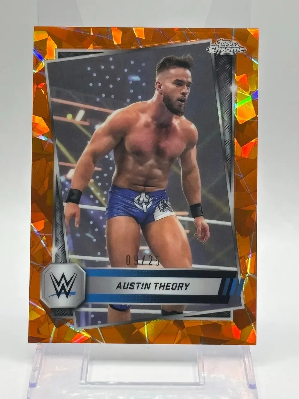 2025 Topps Chrome WWE Sapphire Austin Theory  Orange Refractor 9/25 SP Smackdown
